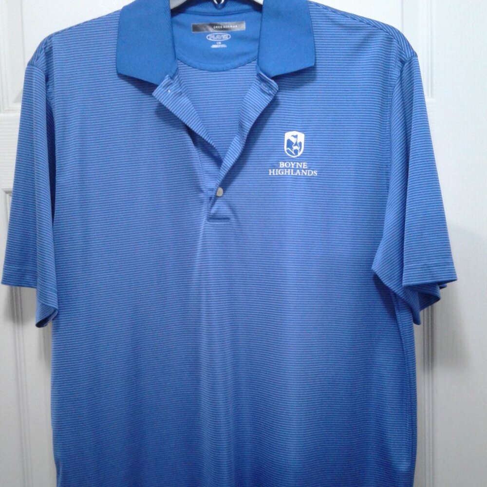 Greg Norman Play Dry Large Blue/White Stripe Short Sleeve Golf Shirt